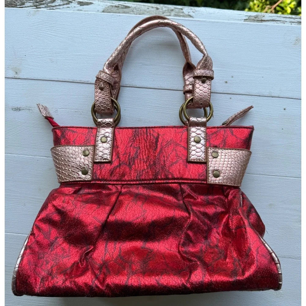 Y2K Metallic Red Rhinestone Buckle Satchel Purse McBling